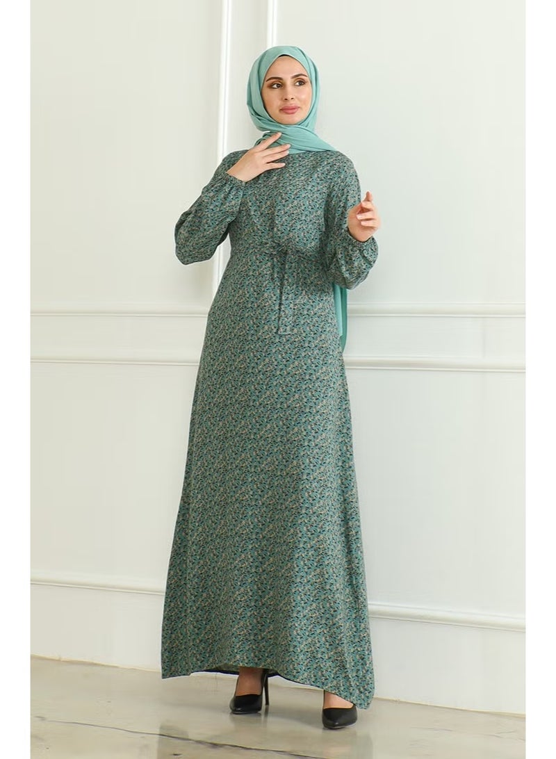 Sefa Merve Women's Patterned Belted Viscose Dress - Almond Green - Image 2